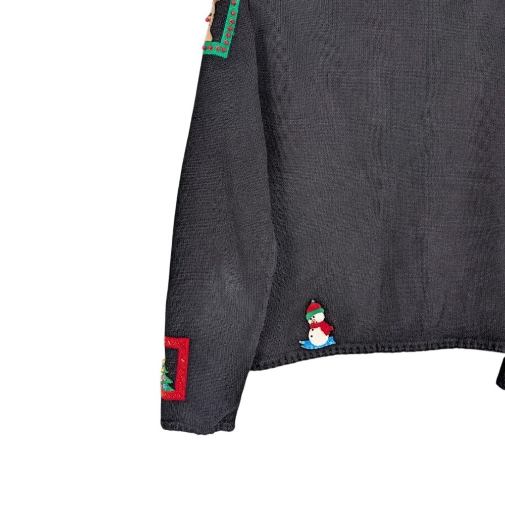 Michael Simon Christmas Cardigan Black M Beaded Window Applique 2001 Y2K - Picture 10 of 10